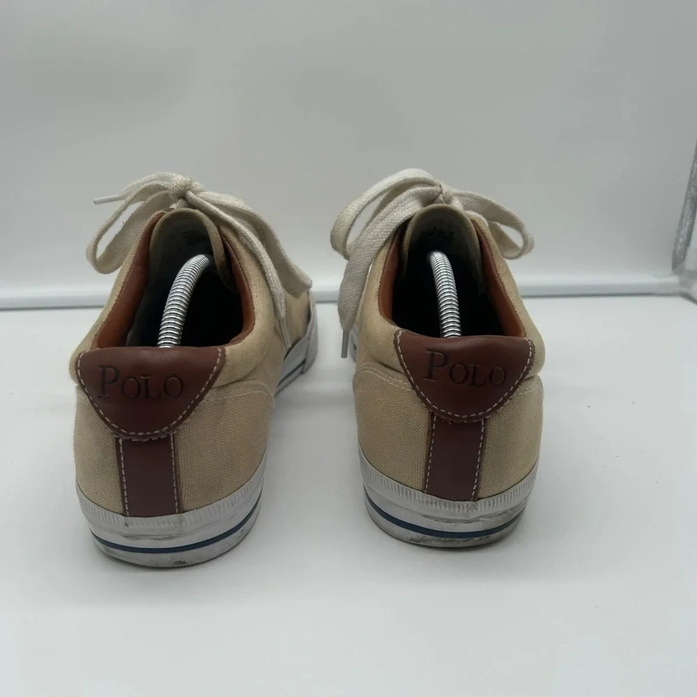 Polo Ralph Lauren Vaughn Sneaker Men 11 Solid Canvas‎ Leather Lace Up Khaki Tan